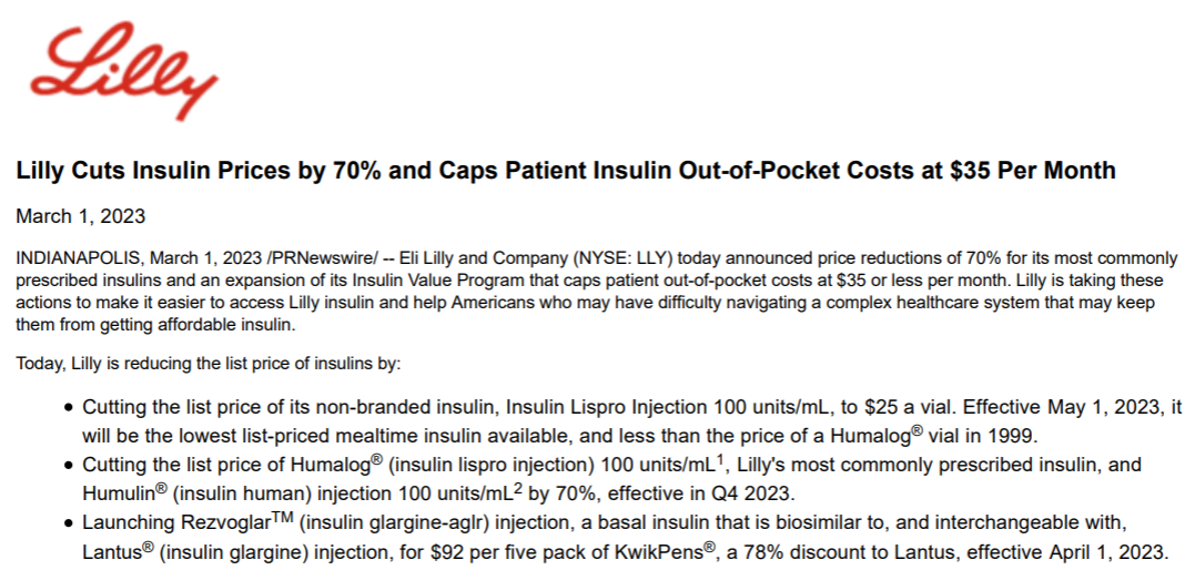 礼来所有胰岛素降价70%，国内胰岛素市场由于集采的实施，降价幅度多超过50%，胰岛素厂商也告别高利润率时代
