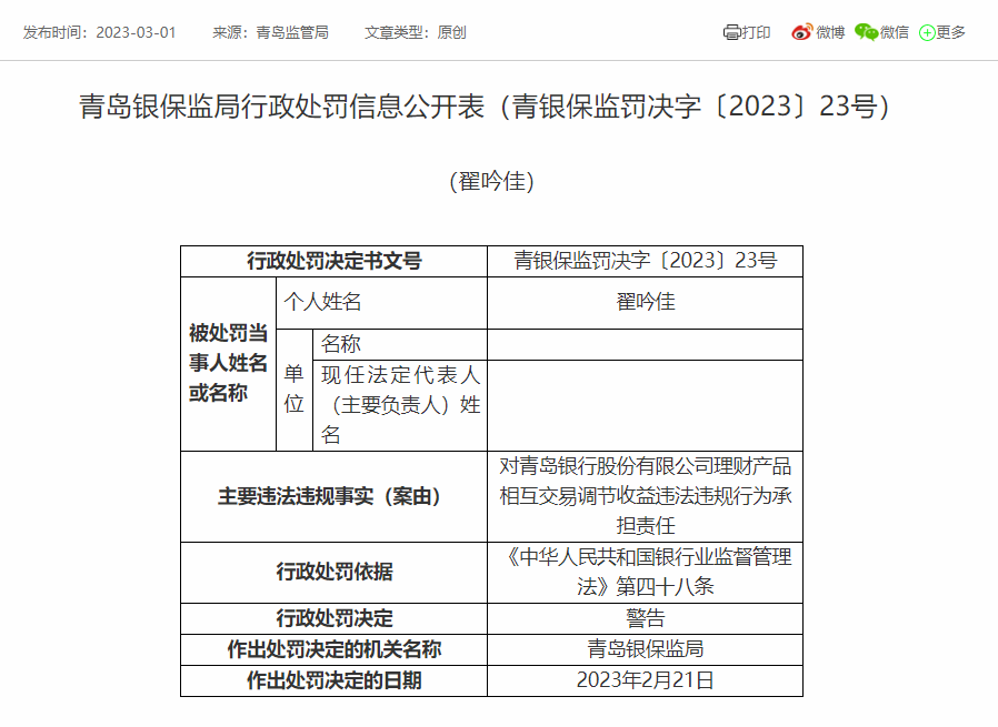 “0破净”神话的背后：青岛银行年内两度因理财产品相互交易调节收益被罚