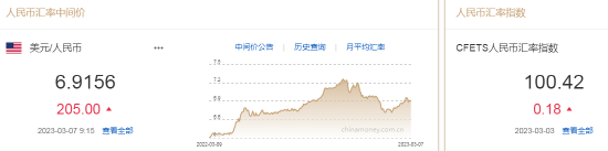 人民币中间价报6.9156，下调205点