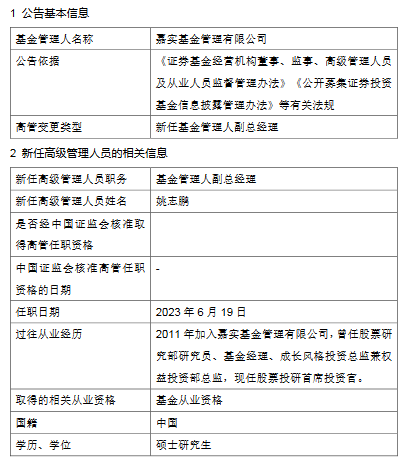 绩优而仕 嘉实基金姚志鹏升任副总经理