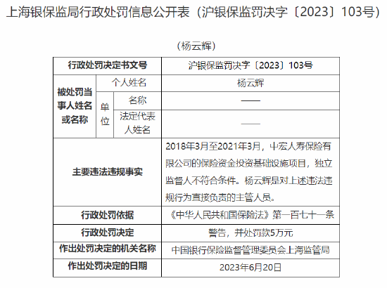 中宏人寿因偿付能力报告数据不真实等被罚80万元