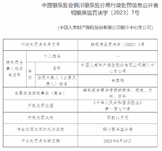 因编制或提供虚假报告等，国寿财险铜川中支被罚11万元