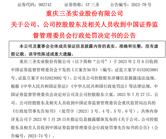 隐瞒借款及财务资助等信息！ST三圣实控人被罚180万，市场禁入5年