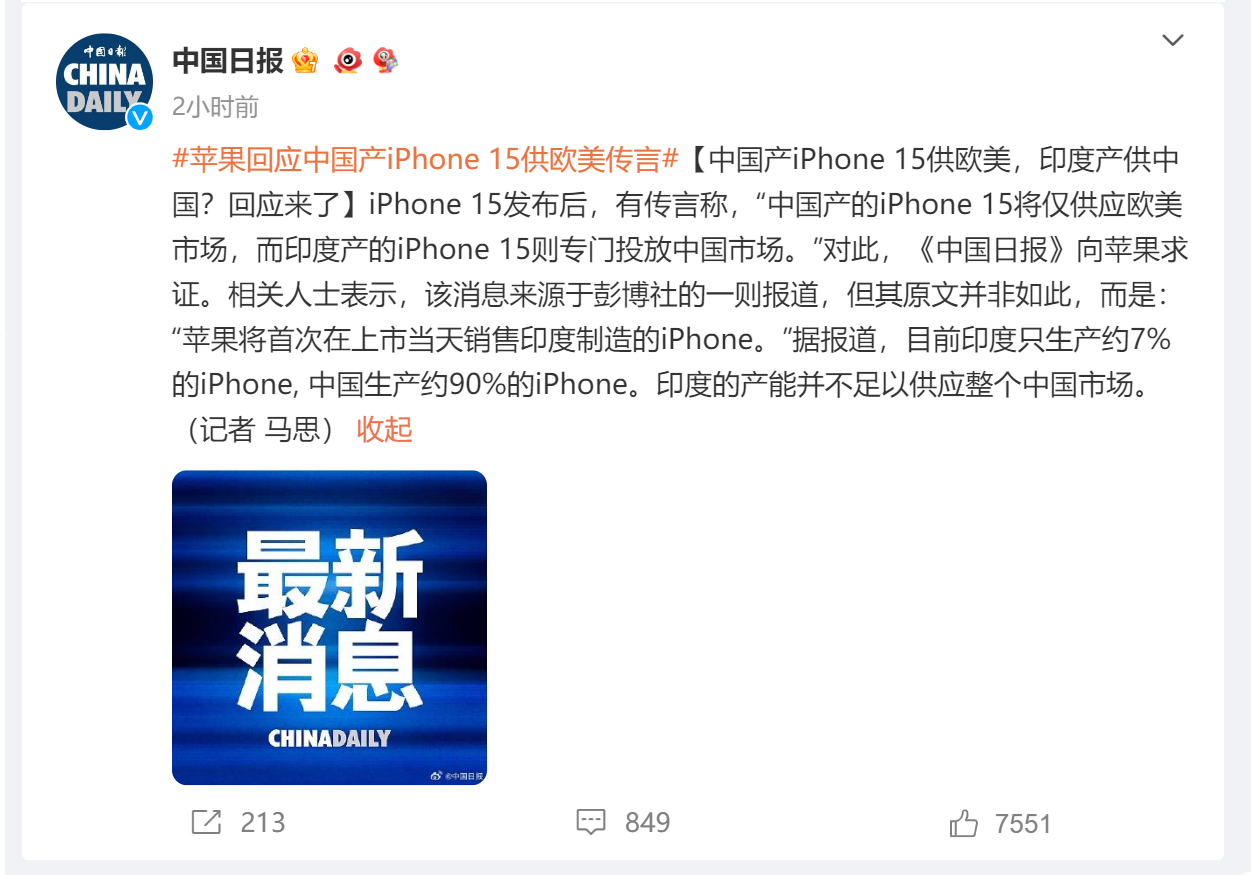 中国产iPhone15供欧美，印度产供中国？苹果回应！iPhone14系列已全面降价，降幅最高达1000元