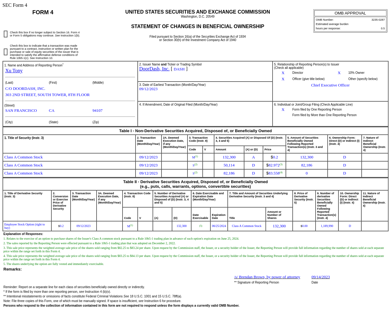 DoorDash(DASH.US)首席执行官售出13.23万普通股股份，价值约1,102.54万美元