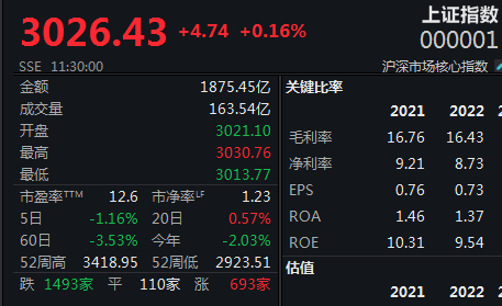 权重发力北向资金净买超20亿，沪指震荡微涨稳守3000点