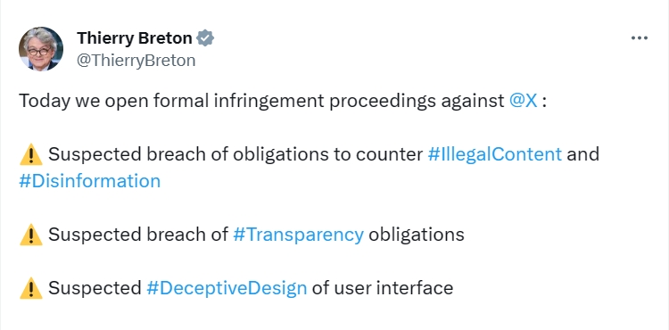 第一剑砍向社交媒体公司“X”！欧盟以违反义务对其提起诉讼